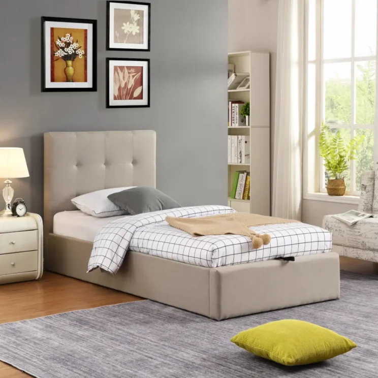 Lit coffre en tissu beige "Cairo" 90*200
