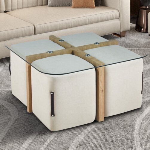 Table basse en verre avec 4 poufs en tissu "Shana"