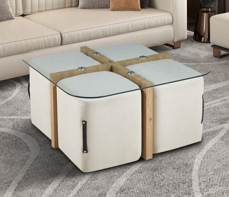 Table basse en verre avec 4 poufs en tissu "Shana"
