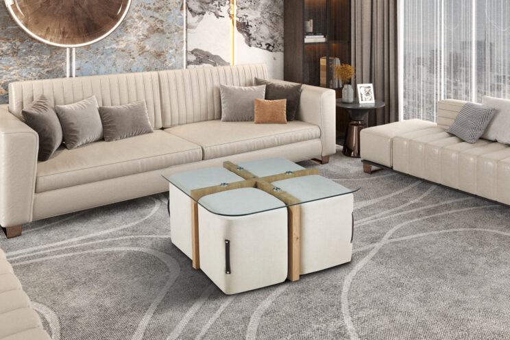 Table basse en verre avec 4 poufs en tissu "Shana" - Image 2