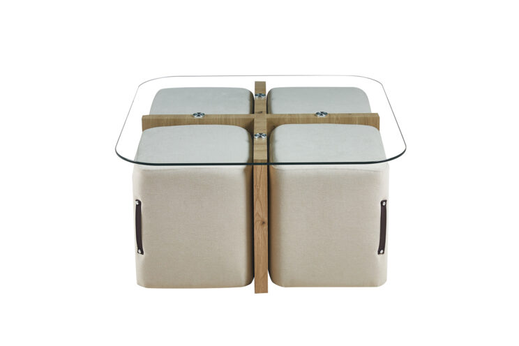 Table basse en verre avec 4 poufs en tissu "Shana" - Image 3