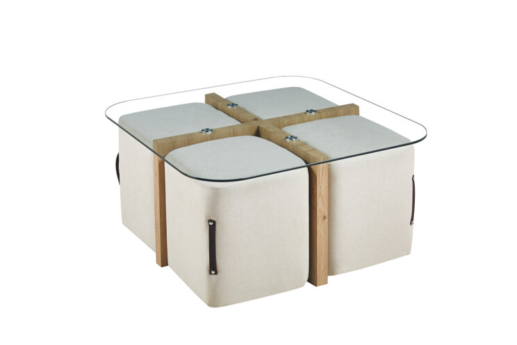 Table basse en verre avec 4 poufs en tissu "Shana" - Image 4