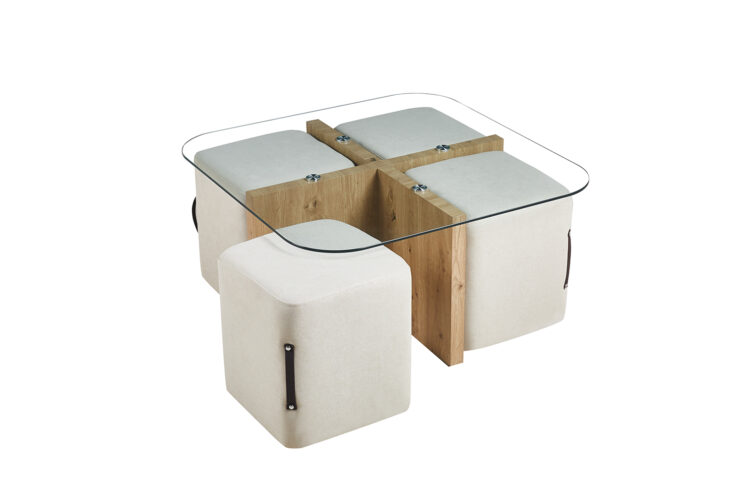 Table basse en verre avec 4 poufs en tissu "Shana" - Image 5