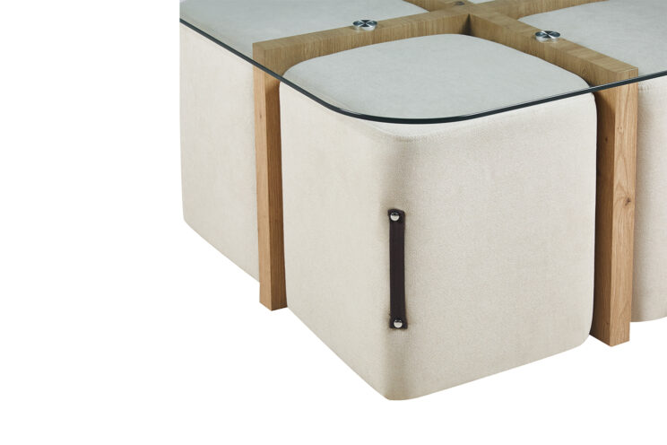Table basse en verre avec 4 poufs en tissu "Shana" - Image 7