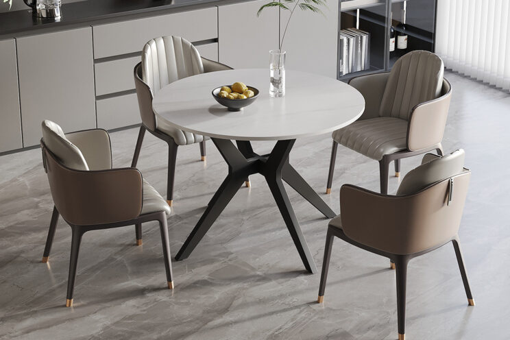 Table 'Apollo' 110 cm Ronde en Pierre Brillante Blanc marbré