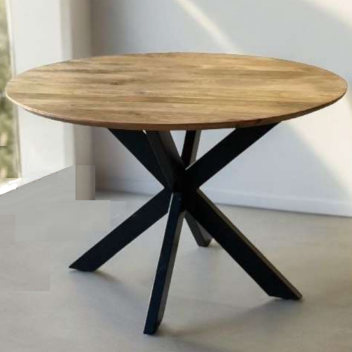 Table 'Abel' ronde aminci en manguier massif 115 - Pied spider en métal noir