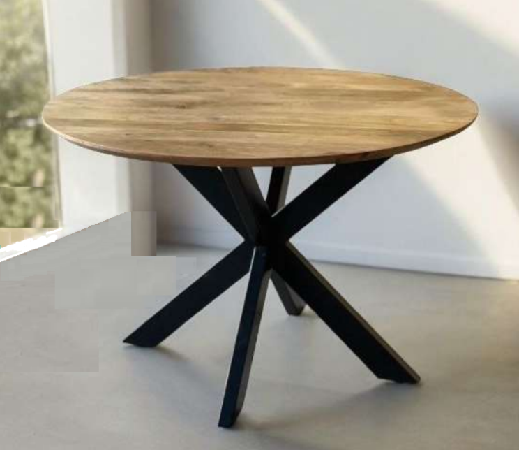 Table 'Abel' ronde aminci en manguier massif 130 - Pied spider en métal noir
