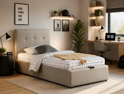 Lit coffre en tissu beige "Cairo" 90*200