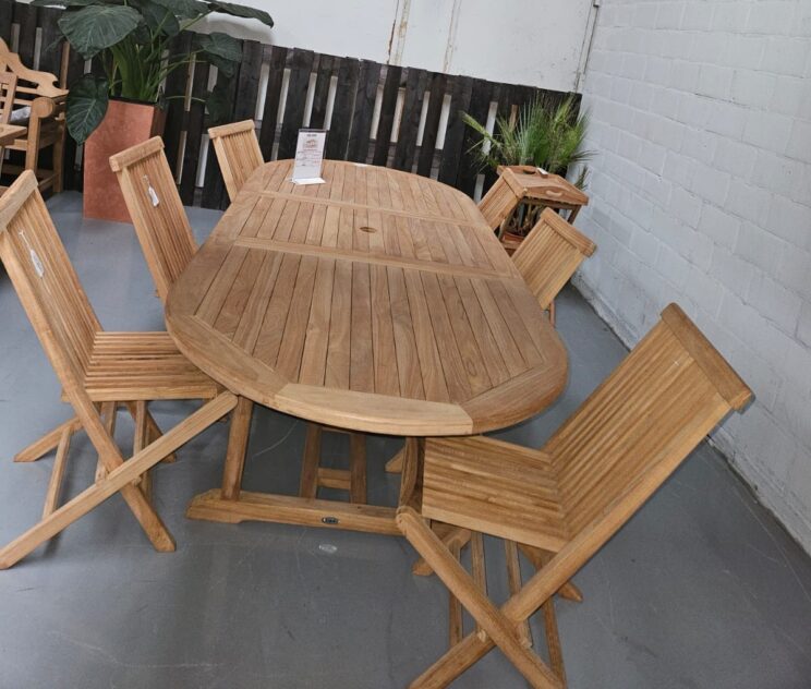Ensemble de jardin en teck - Table ovale extensible 180-240 et 6 chaises pliables en teck - Image 2