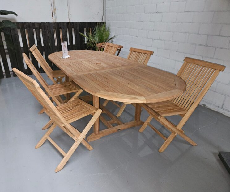 Ensemble de jardin en teck - Table ovale extensible 180-240 et 6 chaises pliables en teck