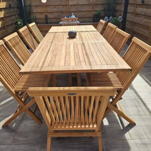 Bel ensemble de jardin en teck – Table rectangle extensible 180-240 et 10 chaises pliables en teck