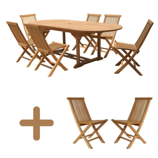 Bel ensemble de jardin en teck – Table ovale extensible 180-240 et 10 chaises pliables en teck