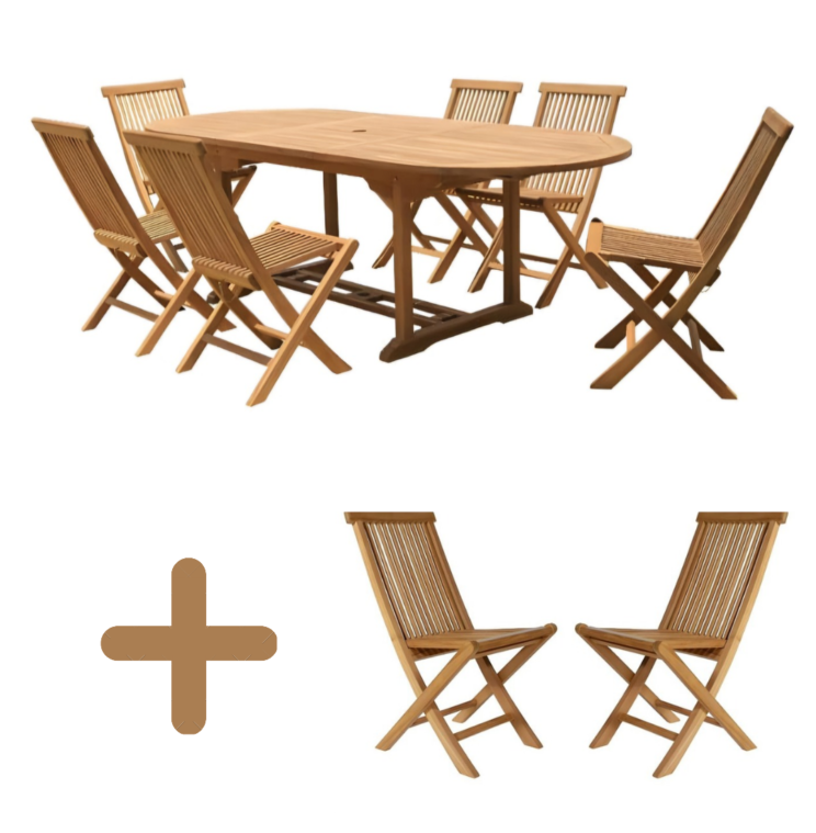 Bel ensemble de jardin en teck – Table ovale extensible 180-240 et 10 chaises pliables en teck