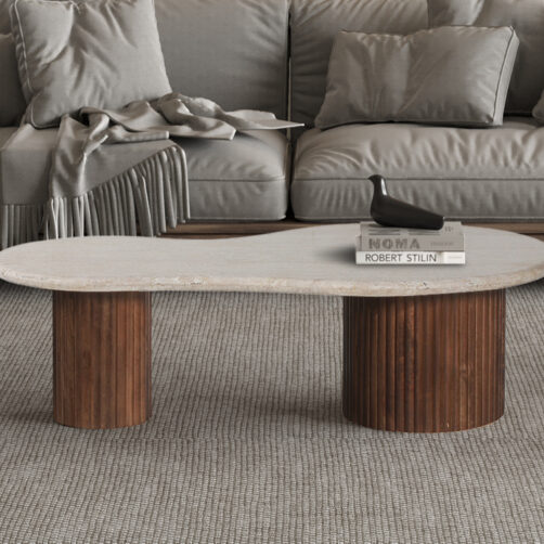 Table basse 'Marlon' 120cm en bois de manguier avec travertin beige