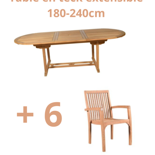 Ensemble en teck - Table extensible 180-240cm et 6 chaises en teck