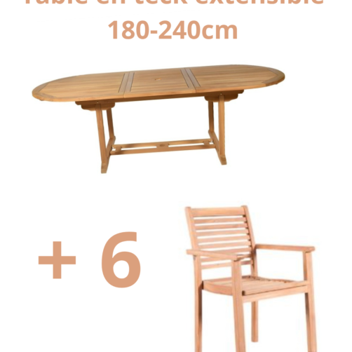 Ensemble de jardin en teck - Table extensible 180-240cm et 6 chaises en teck