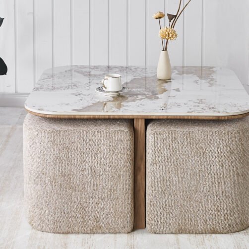 Table basse 'Evora' Pandora effet pierre brillante avec 4 poufs Tissu