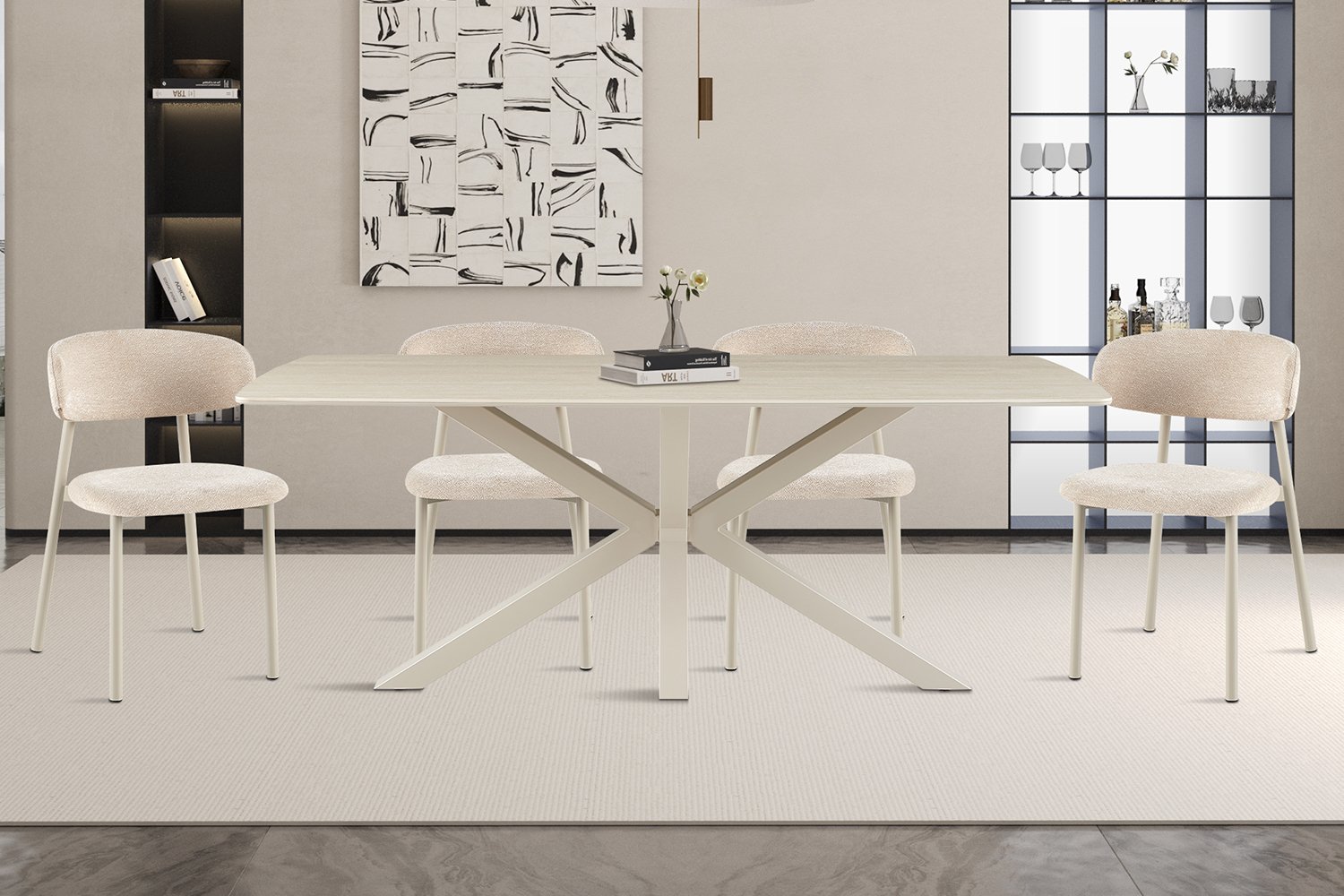 Table ‘Noa’ 180×90 cm Ovale Danoise Baroque travertin- Pied gris