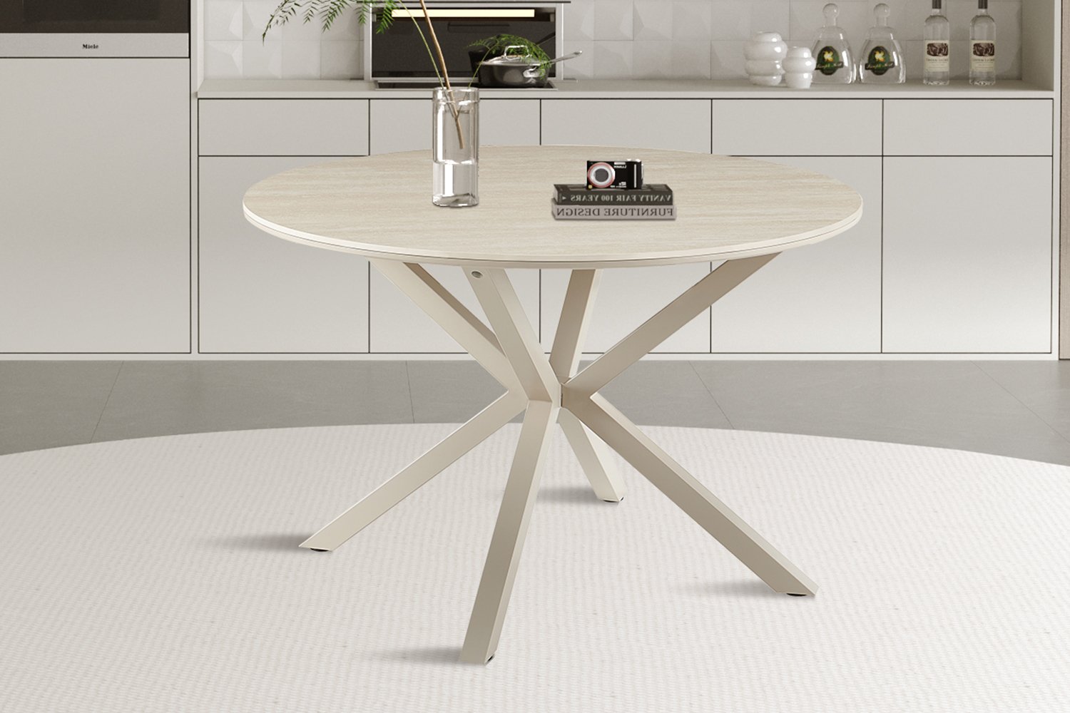 Table ‘Noa’ 120 cm Rond Baroque Travertin- Pied gris