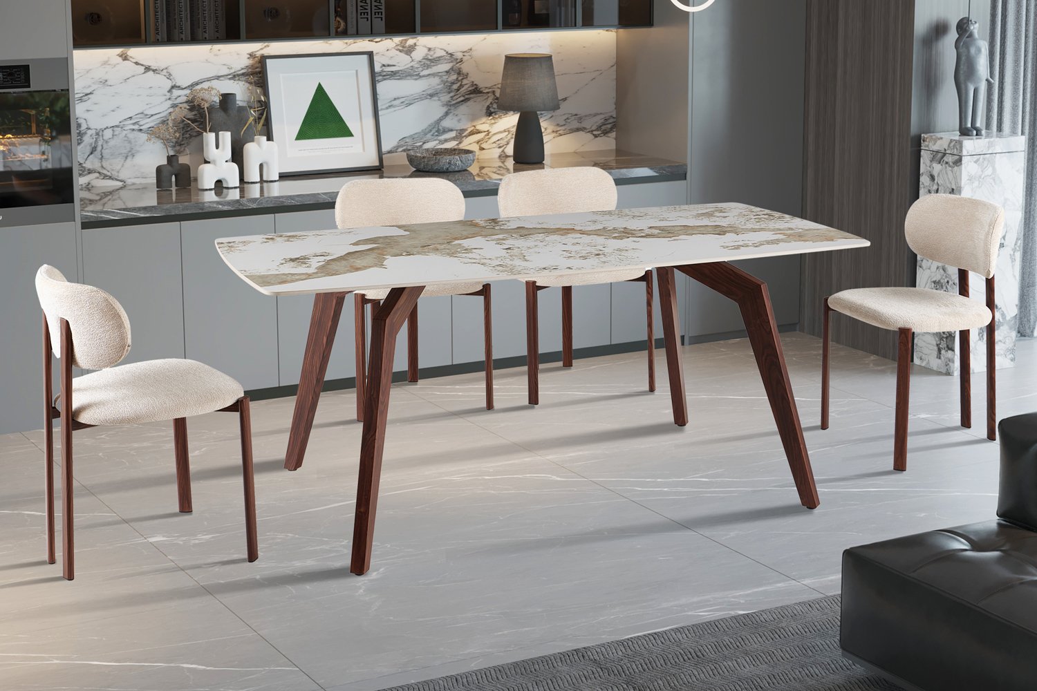 Table ‘Alma’ 180×90 cm Pierre Brillante Pandora Beige – Pied noyer