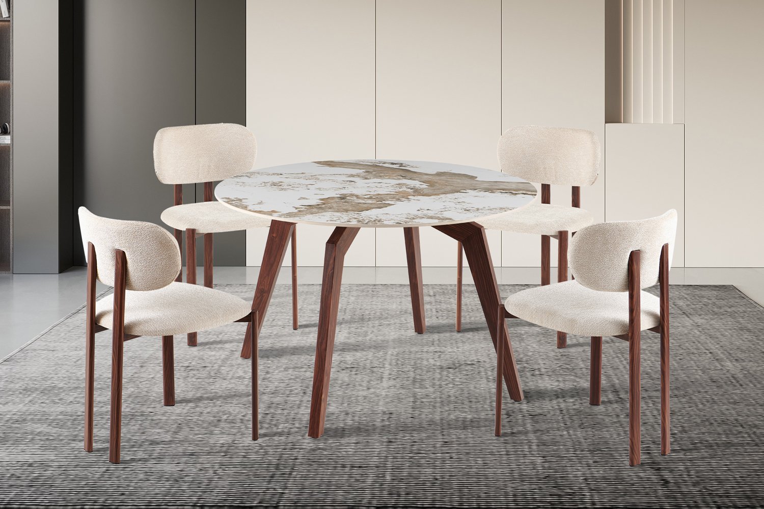 Table ‘Alma’ 120 cm Rond Pierre Brillante Pandora Beige – Pied noyer