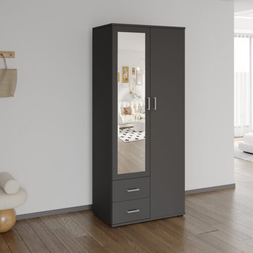 Armoire 'Marc' 2 portes avec miroir Gris Foncé