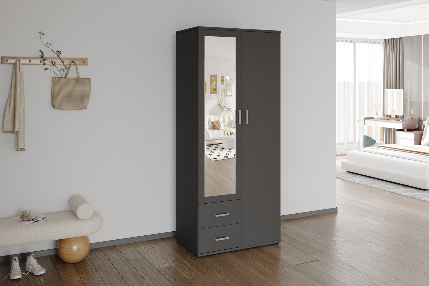 Armoire 'Marc' 2 portes avec miroir Gris Foncé