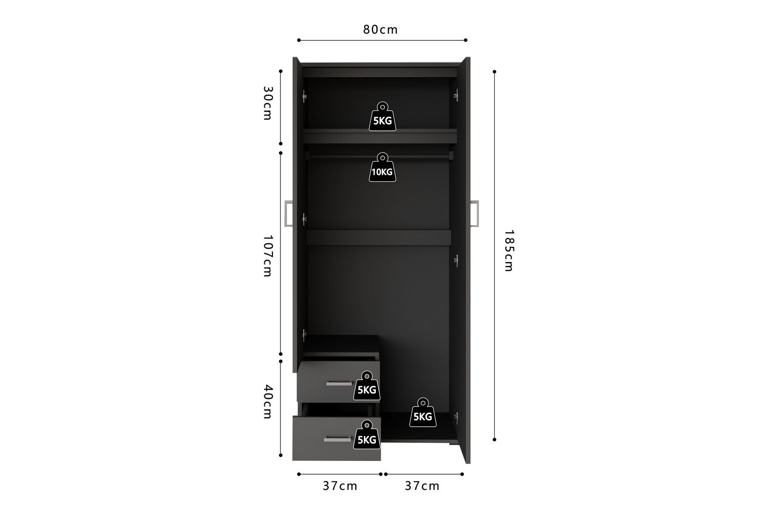Armoire 'Marc' 2 portes avec miroir Gris Foncé - Image 8