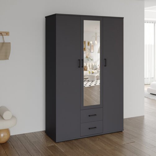 Armoire 'Marc' 3 portes avec miroir Gris foncé