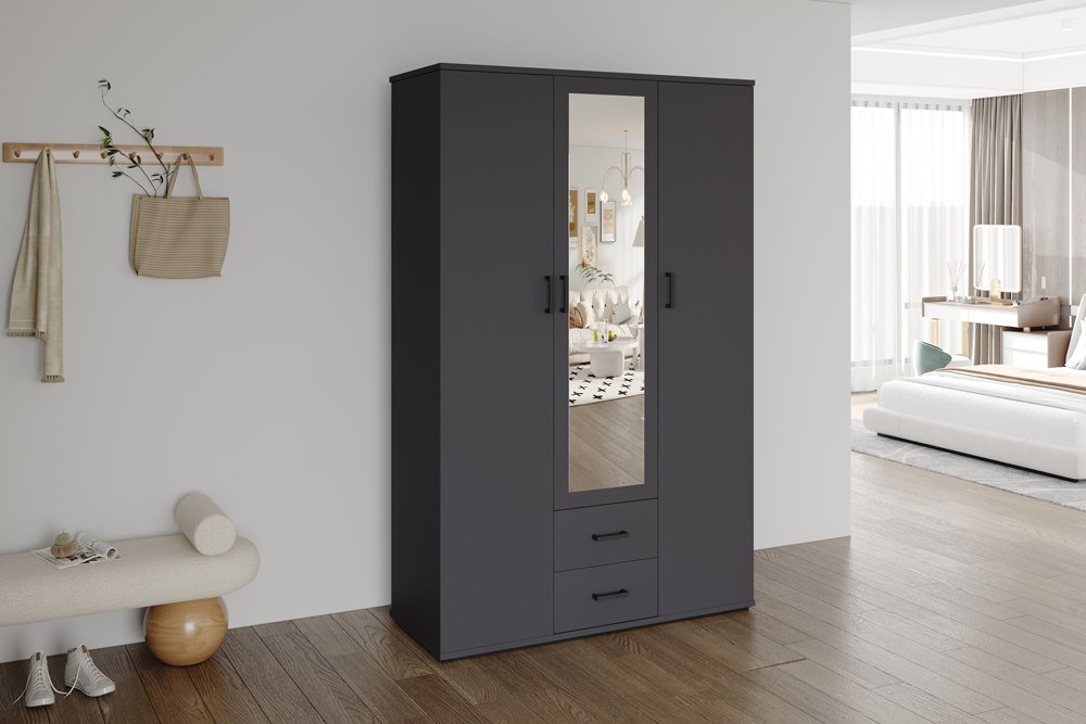 Armoire 'Marc' 3 portes avec miroir Gris foncé