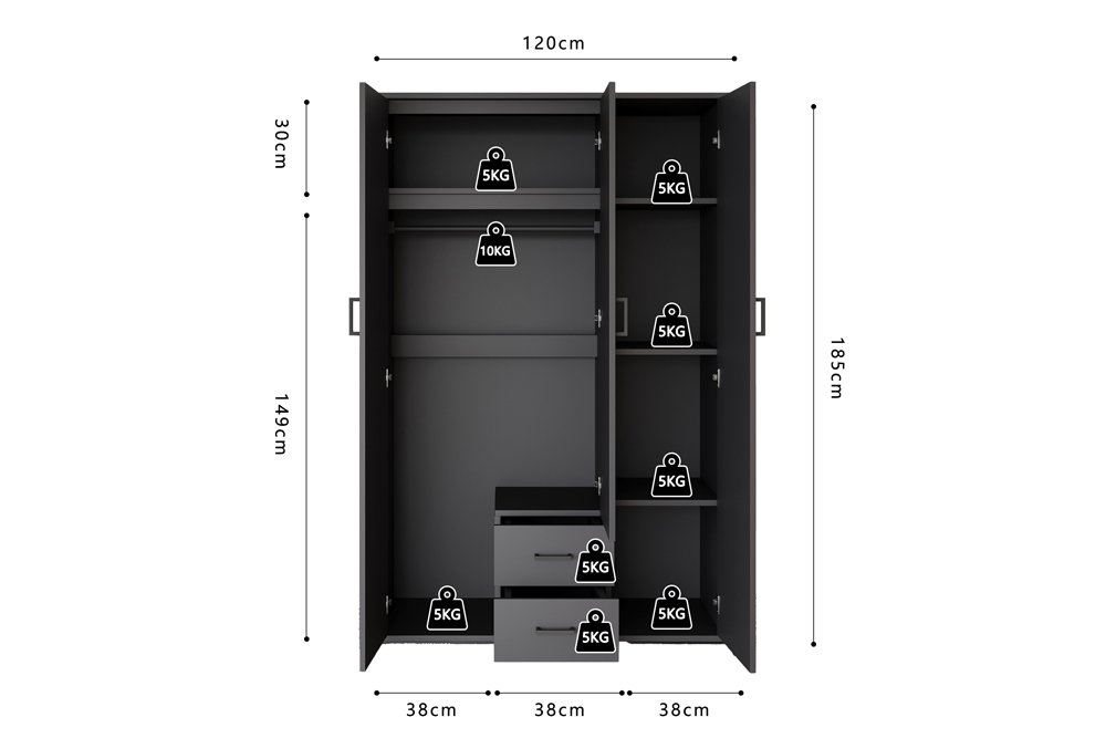 Armoire 'Marc' 3 portes avec miroir Gris foncé - Image 9