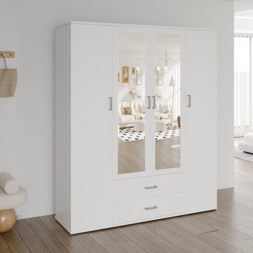 Armoire 'Marc' 4 portes avec 2 miroirs Blanc