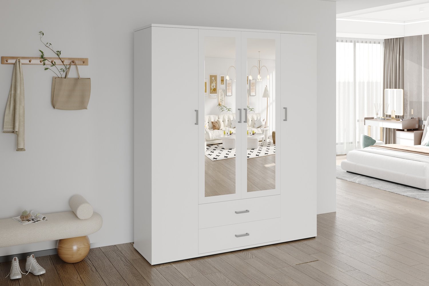 Armoire 'Marc' 4 portes avec 2 miroirs Blanc