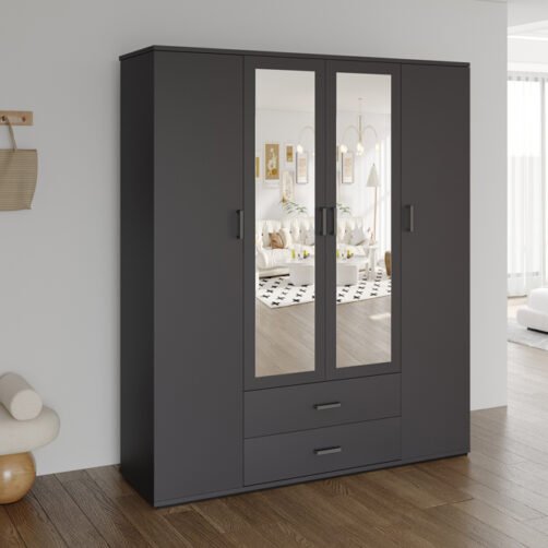 Armoire 'Marc' 4 portes avec 2 miroirs Gris foncé