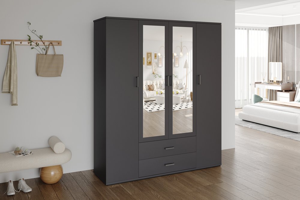 Armoire 'Marc' 4 portes avec 2 miroirs Gris foncé