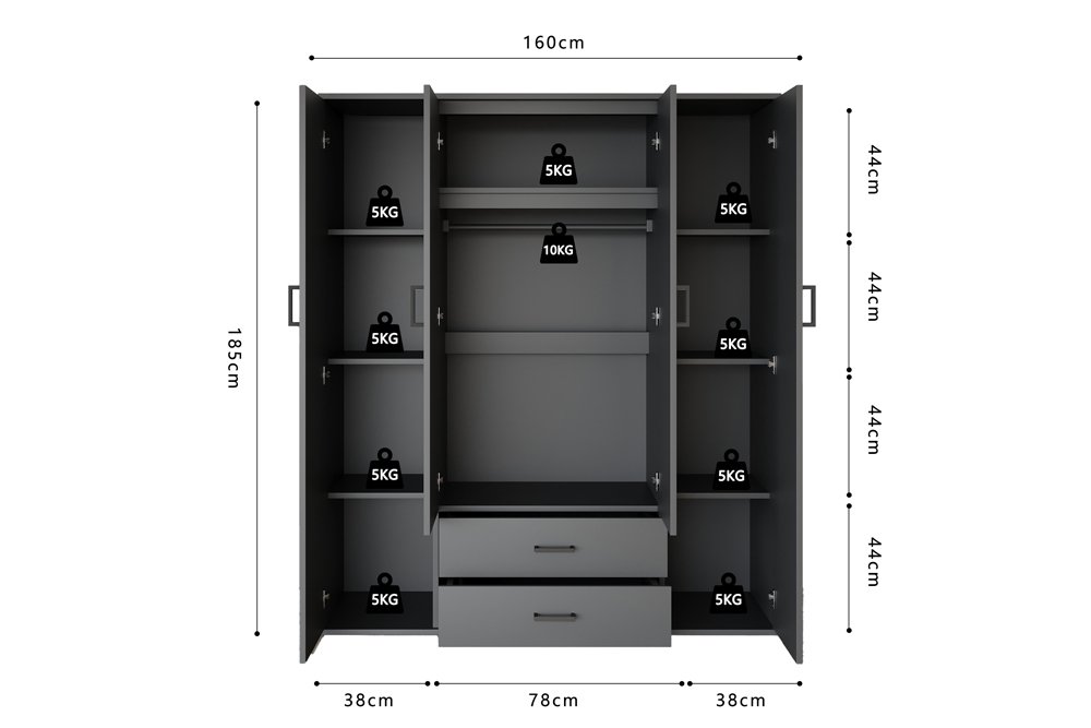 Armoire 'Marc' 4 portes avec 2 miroirs Gris foncé - Image 9