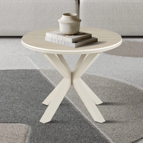 Table basse 'Noa' 60cm Rond Baroque Beige - Pied gris