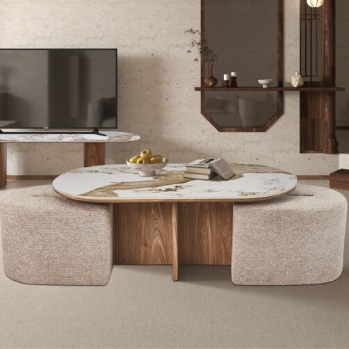 Table basse 'Evora' Pandora effet pierre brillante avec 2 poufs Tissu
